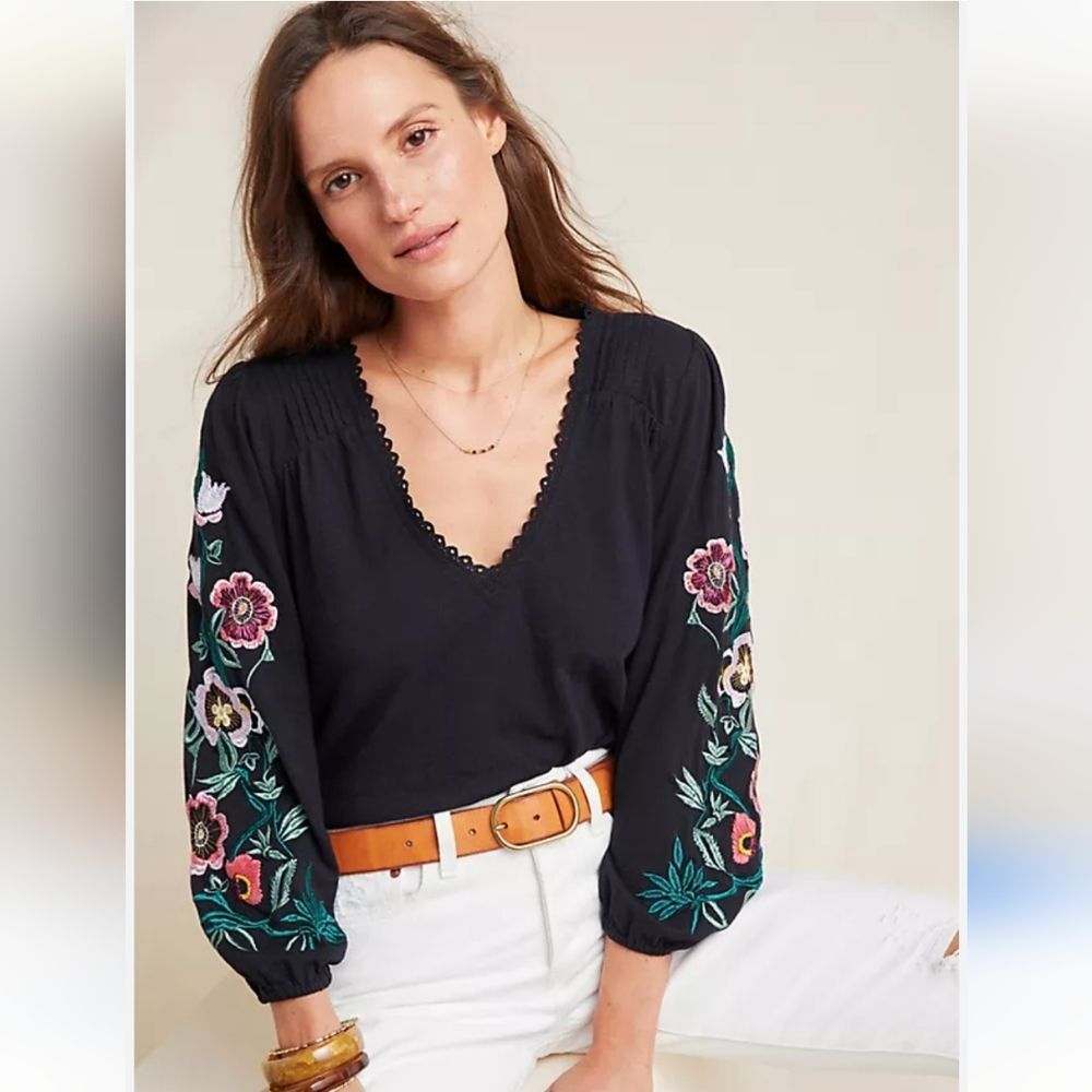 Anthropologie -531‎ Helene Embroidered Peasant Blouse Black Floral Size Small